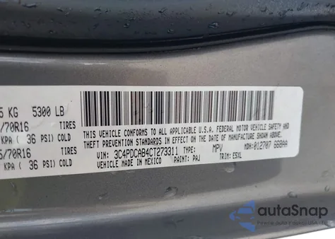 2012 Dodge Journey Se/Avp z USA, uszkodzony, nr VIN 3C4PDCAB4CT273311